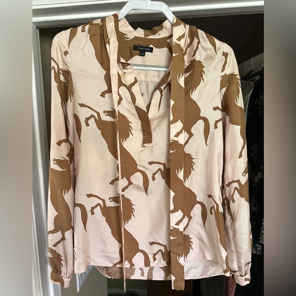 Vintage Tops - 100% Silk Horse Print Long Sleeve Shirt Pink + Brown | Y2K Designer